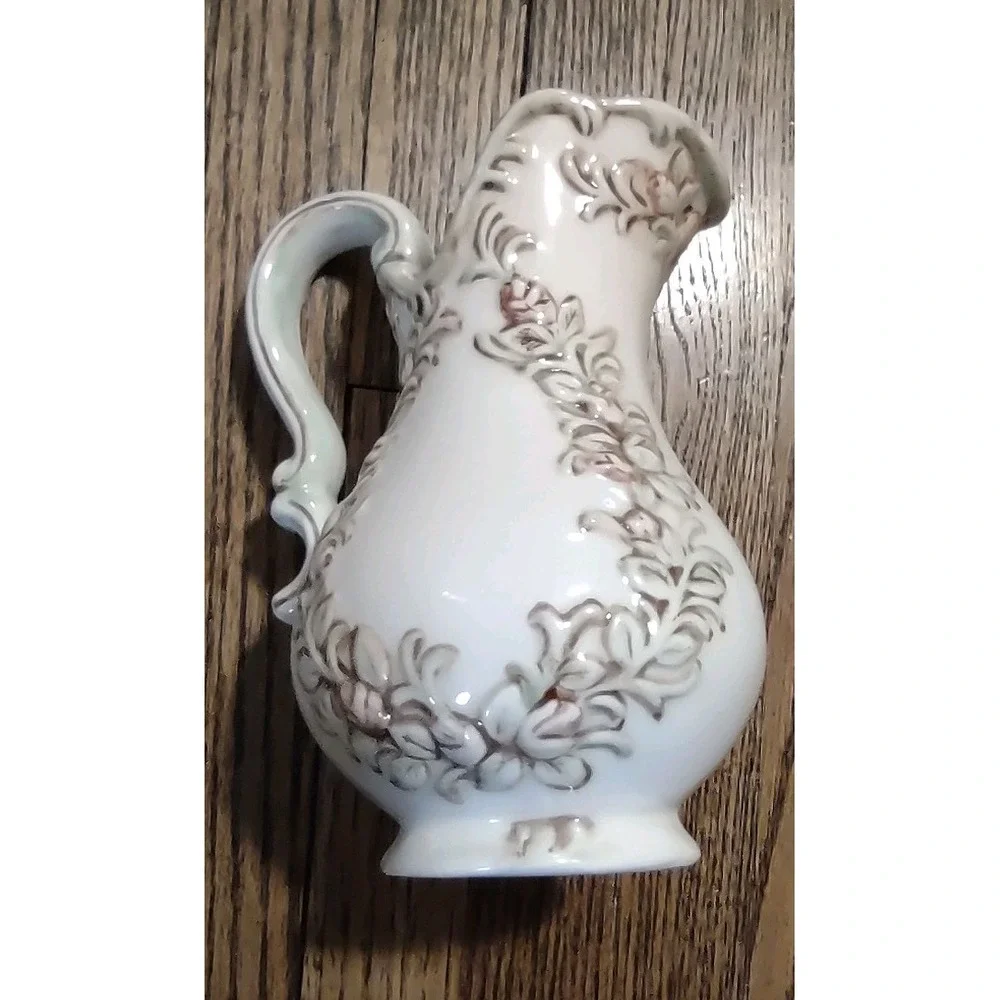 Vintage Ceramic Floral Pitcher Embossed Pink Roses White Bud Vase Creamer